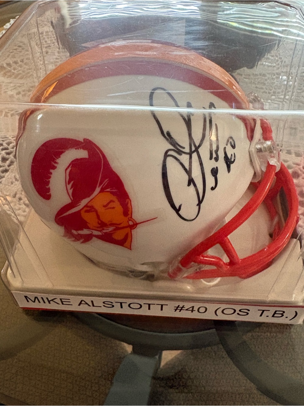 White Mini Football Helmet with Red Facemask and Red Logo